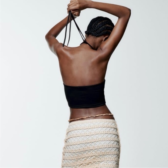 ZARA Black Halter Keyhole Crop Top NWT | Ribbed Strappy Back Tank Size L - Picture 5 of 9